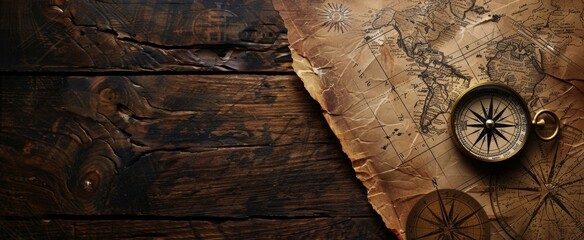 Fototapeta premium a compass and old maps on a dark wood background, representing exploration for an adventure-themed banner. Web banner with copy space on the right in the style of an old explorer map.