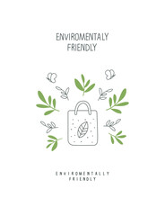 Vector hand drawn cartoon sketch of biodegradable bag with green leaves. Zero waste and Sustainable lifestyle. Think Green. Plastic free Ecological poster.