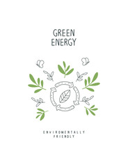 Vector sign of green energy with leaves. Illustration of Environmentally friendly planet . Think Green. Alternative energy concept.