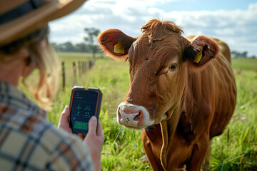 Farmer monitoring livestock with sensor technology, optimizing animal health in agriculture.