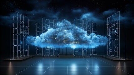 Cloud computing concept illustration with icons and symbols on a blue background