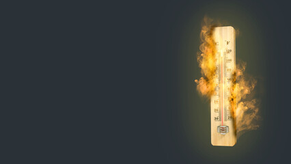 High temperature weather on summer seasons. Image of burned thermometer isolated over dark...