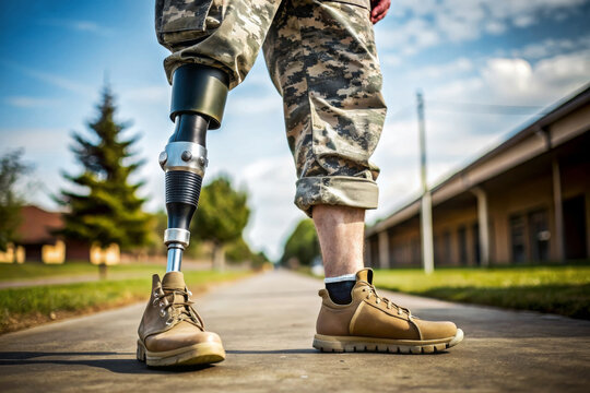 Disabled military man with prosthetic leg. High tech artificial foot. Lifestyle of people with disabilities after army and war.