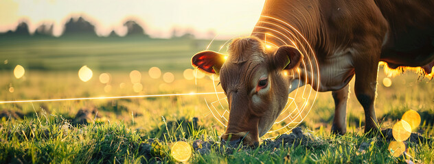 Farmer monitoring livestock with sensor technology, optimizing animal health in agriculture.