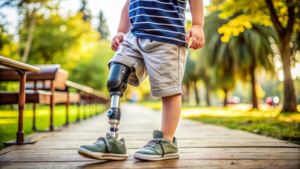 Disabled boy with prosthetic limb. High tech bionic prosthetic leg. Lifestyle of children with disabilities