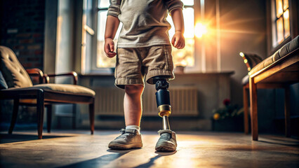 Disabled boy with prosthetic limb. High tech bionic prosthetic leg. Lifestyle of children with disabilities