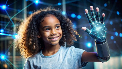 Smiling black kid girl satisfied with artificial limb. High tech prosthetic arm. Lifestyle of child people with disabilities.