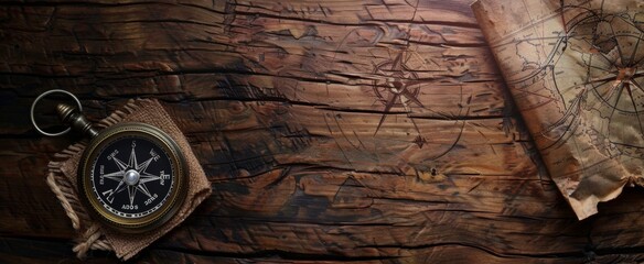 a compass and old maps on a dark wood background, representing exploration for an adventure-themed banner. Web banner with copy space on the right in the style of an old explorer map.