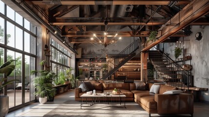 A modern living room with a high ceiling and large beams