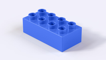 Royal Blue Plastic Lego Block on a White Background. Children Toy Brick, Perspective View. Close Up View of a Game Block for Constructors. 3D Rendering. 8K Ultra HD, 7680x4320, 300 dpi