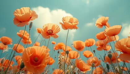 Obraz premium poppy flowers on blue sky background, flower meadow