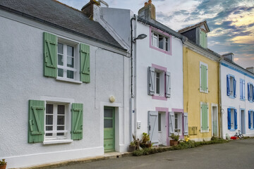 Locmaria in Belle-Ile, Brittany, typical street in the village, colorful houses
