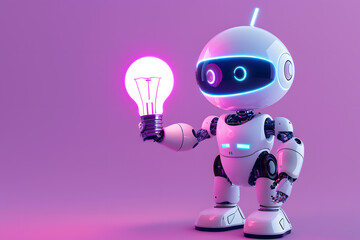 3D Cute cartoon robot holding light bulb isolated on purple background. AI
