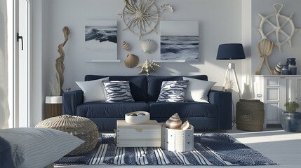 A modern living room with a nautical theme