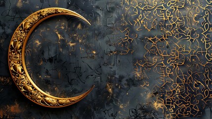 Naklejka premium Gold crescent moon with a 3D pattern on a mid-century Middle Eastern background