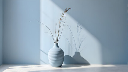 plant vase in front of the light blue wall background, cozy blue wallpaper, blue background with light, ai generated