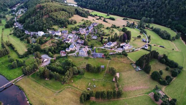 Aerial shot of the village Frahan in Belgian Ardennes with Semois river.