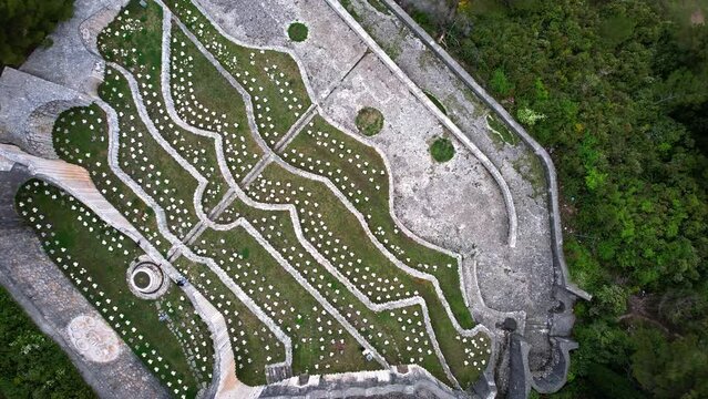 Top down aerial of Partisan cemetery memorial in Mostar, Bosnia and Herzegovina.