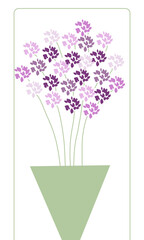 Beautiful card with abstract purple flowers in vase for holiday, birthday, invitation, floral pattern, nice background, cute spring illustration, frame, greetings card, congratulations, postcard 