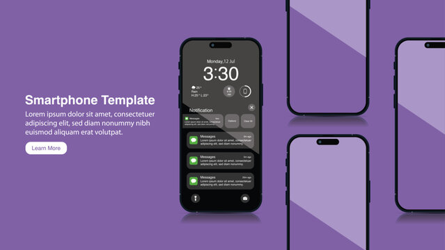 High Quality 3D Realistic Smartphone Mockup Banner: Front View of Cell Phone and Mobile Phone with App on Screen. Vector.