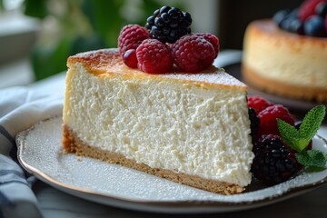 Ricotta Cheesecake: A slice of light and creamy ricotta cheesecake, possibly garnished with fresh berries.