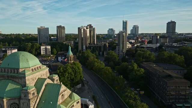 Aerial drone view of Alte Synagoge in Essen , Germany . The Old Synagogue in Essen is one of the largest, best preserved and architecturally most impressive testimonies to Jewish culture 
