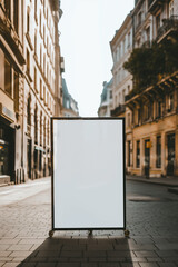 A blank empty canvas poster screen board hanging on a wall at a walkway 