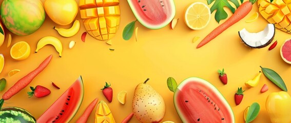 Design a colorful and inviting banner for a fruit shop featuring fresh and delicious-looking fruits, Include designated spaces for text in the center.