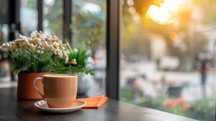 Close-Up Of A Coffee Cup On A Table In A Cafe With A Plant And Sunlight In The Background.