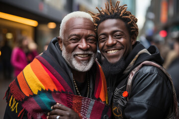 Fototapeta premium Cheerful black homosexual couple embracing on street