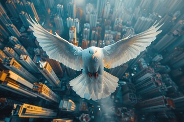 A dove flies over the city with its wings spread from a bird's eye view