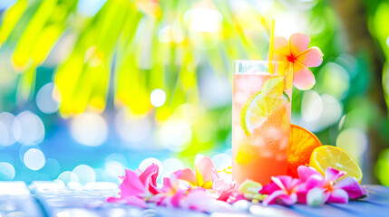 Tropical cocktail garnished with lemon slices and vibrant flowers, placed on table under palm tree shade, with sunny beach background. Concept of summer relaxation, exotic drinks, and vacation vibes