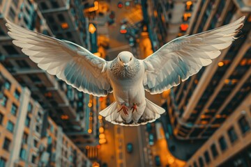 A dove flies over the city with its wings spread from a bird's eye view