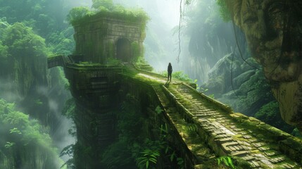 A mysterious jungle scene with ancient ruins overgrown by lush greenery and a lone explorer standing on an old stone pathway.
