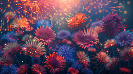 The gorgeous fireworks at night complement the beautiful flowers background