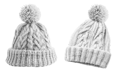 Set of white pom pom ball knit knitted woven cuffed wool ribbed beanie hat, front and flat lay view on transparent cutout PNG file. Mockup template for artwork design