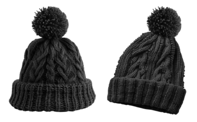 Set of black pom pom ball knit knitted woven cuffed wool ribbed beanie hat, front and flat lay view on transparent cutout PNG file. Mockup template for artwork design