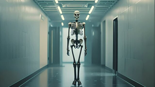 Human skeleton standing full body looking at camera. Hologram 3. Medical concept concept.