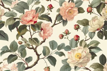 Rococo style illustration of vintage camellias, peonies and magnolia leaves on a cream background, in muted pastel colors.