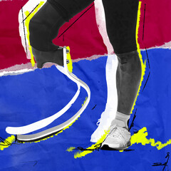 Cropped image of male legs with a prosthetic leg. Male runner taking part in training. Contemporary...