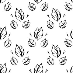 Seamless leaves pattern black contour. Endless botanical background, repeating print. Black and white natural texture for fabric, textile design. Vector illustration