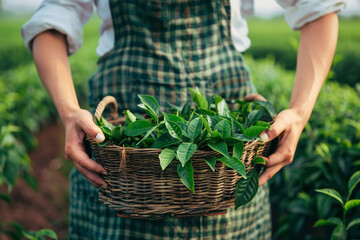 Fototapeta premium the hands of a young farmer woman hold a basket with tea leaves 