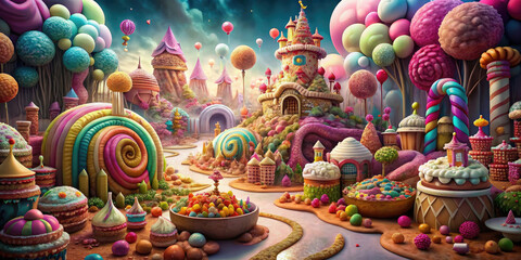 Fantasy landscape with fairy tale castle and rainbow, marshmallows stones and candies trees. Candyland concept.