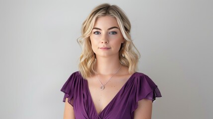 Portrait of beautiful sexy blonde woman in purple dress pose on studio white background. AI generate