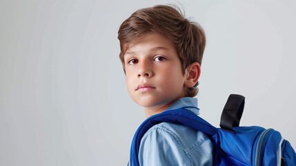 Portrait a schoolboy with blue backpack standing pose on white background. AI generated image