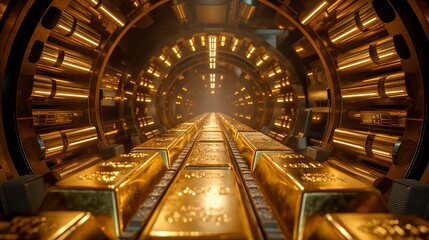 Obraz premium A Glimpse Inside a Secure Vault Filled with Neatly Stacked Gold Bars: Showcasing the Wealth, Security, and Financial Stability Provided by Investment in Precious Metals