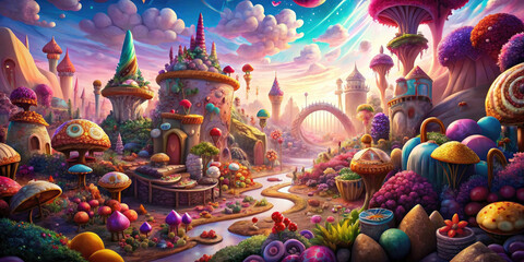Fototapeta premium Fantasy landscape with fairy tale castle and rainbow, marshmallows stones and candies trees. Candyland concept.