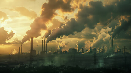 Obraz premium Poisoned city air. Silhouette of a large industrial area with dark smoke and clouds in the sky. Smoke is coming from factories and power plants. 