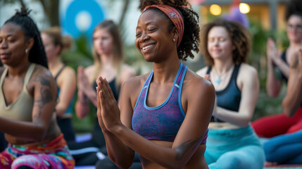 Fototapeta premium In a vibrant yoga community, a diverse group of women come together to practice yoga in a shared space filled with energy and camaraderie