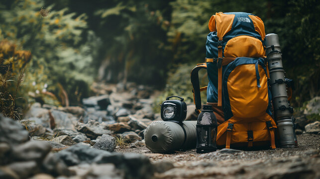 Close-up shot captures the essential gear for wilderness mountain hiking and camping, featuring backpacks, sleeping pads, headlamps, and survival kits